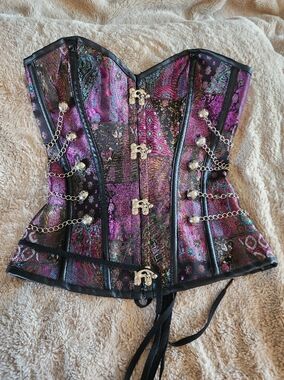 Purple Patchwork Brocade Corset with Silver Chains
